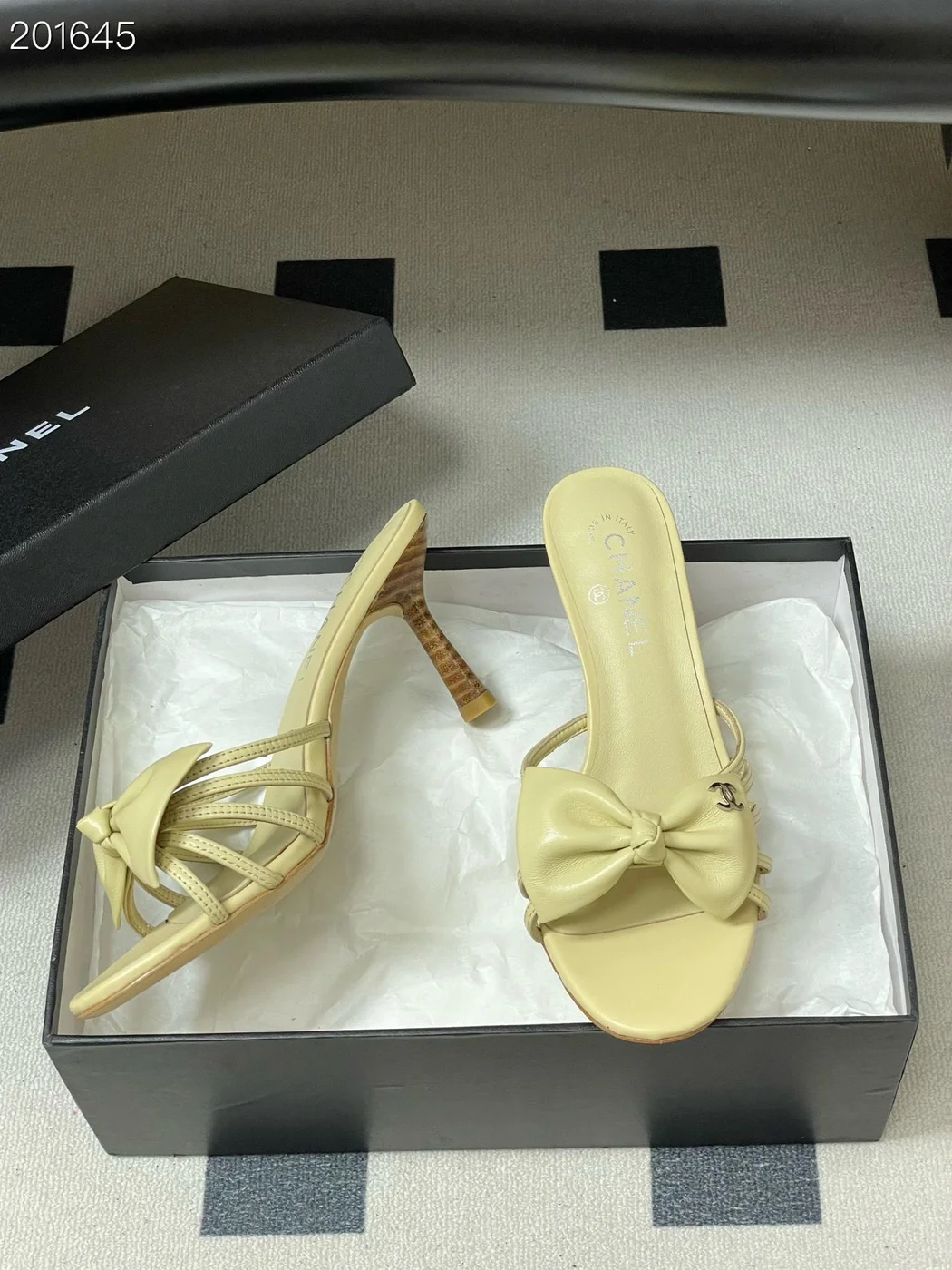 Chanel light-colored strappy bow spool heels product view 2