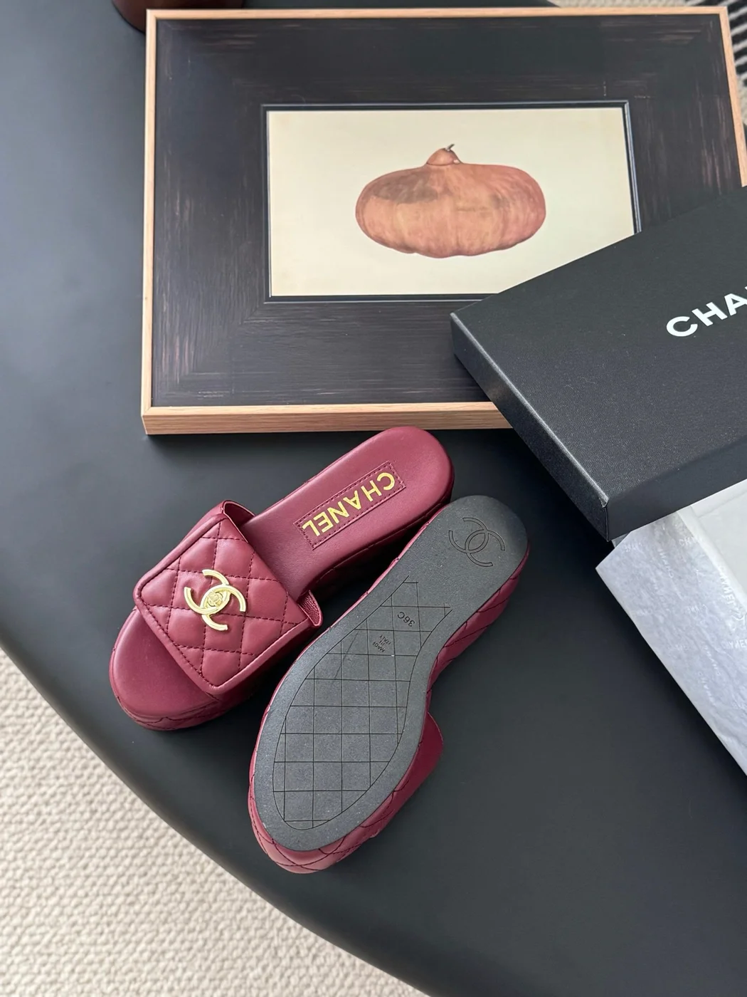 Chanel Women Burgundy Quilted Leather Slides product view 5