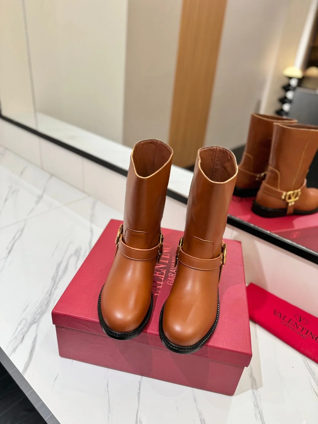 Valentino Women Brown Leather Mid-Calf Boots product view 4