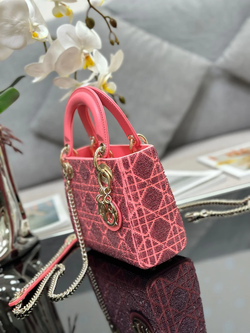 Dior Lady Pink Handbag with Beads 17x15x7cm product view 7