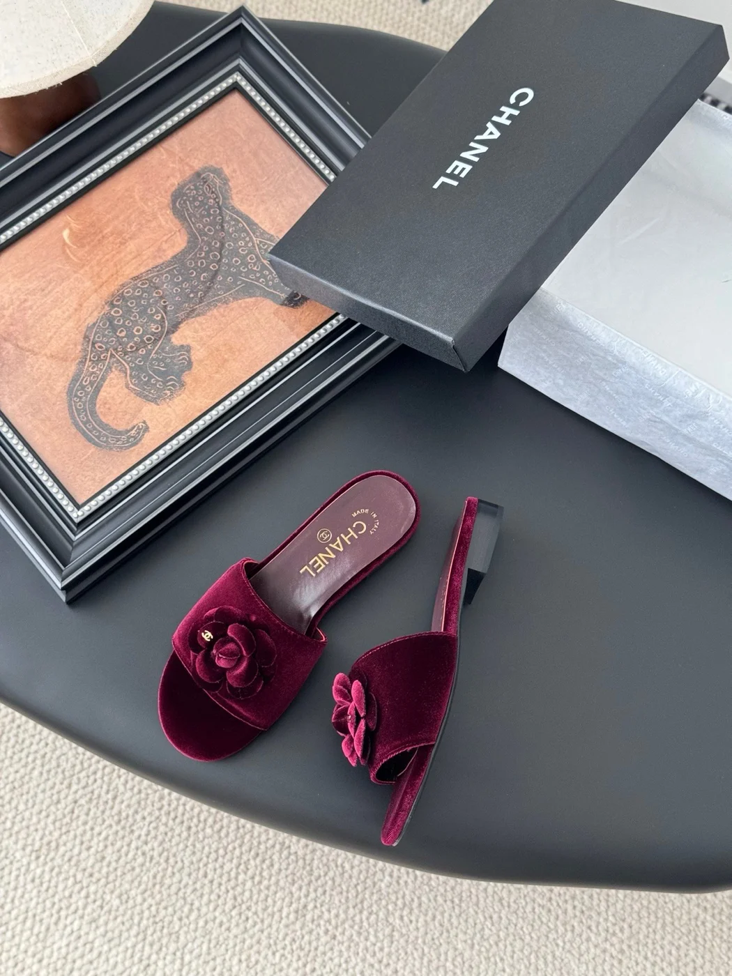 Chanel Women Burgundy Velvet Slides product view 3