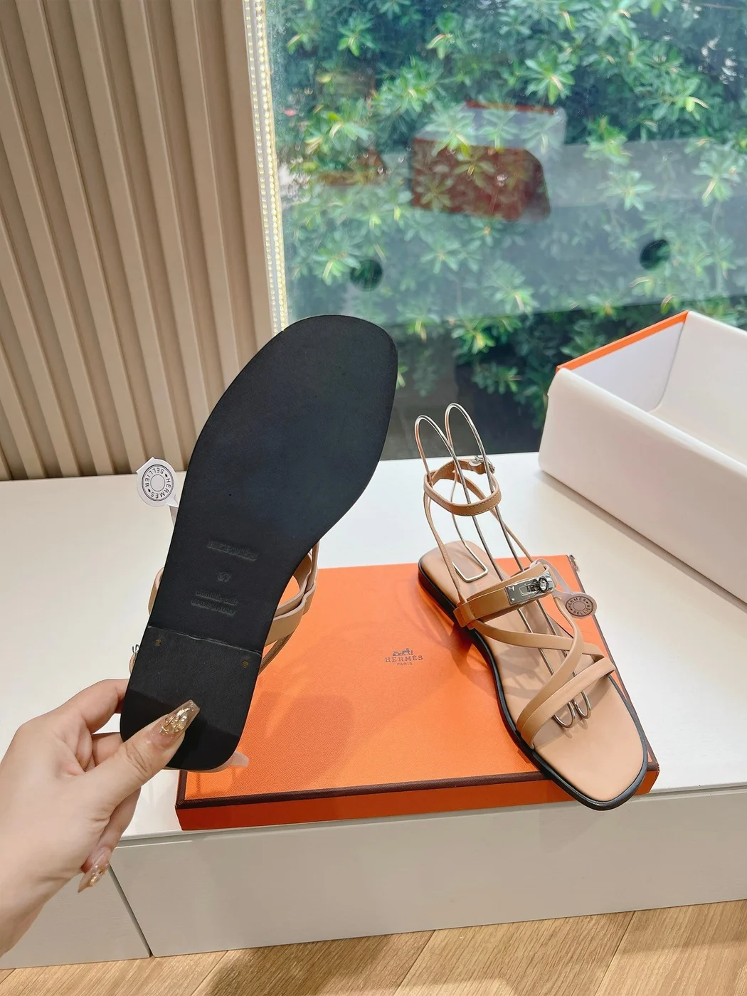 Hermès Women Beige Leather Strappy Sandals product view 2