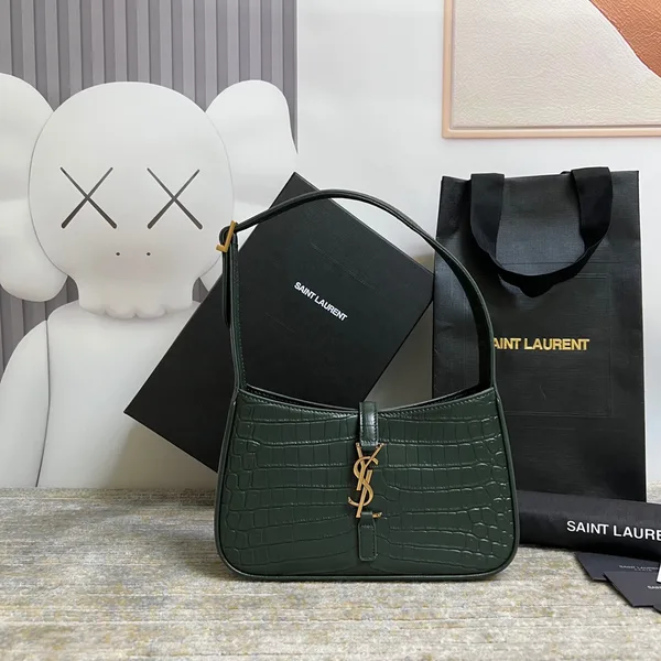 Saint Laurent Le 5 À 7 Green Crocodile-effect Leather Shoulder Bag In Dark Green product view 1