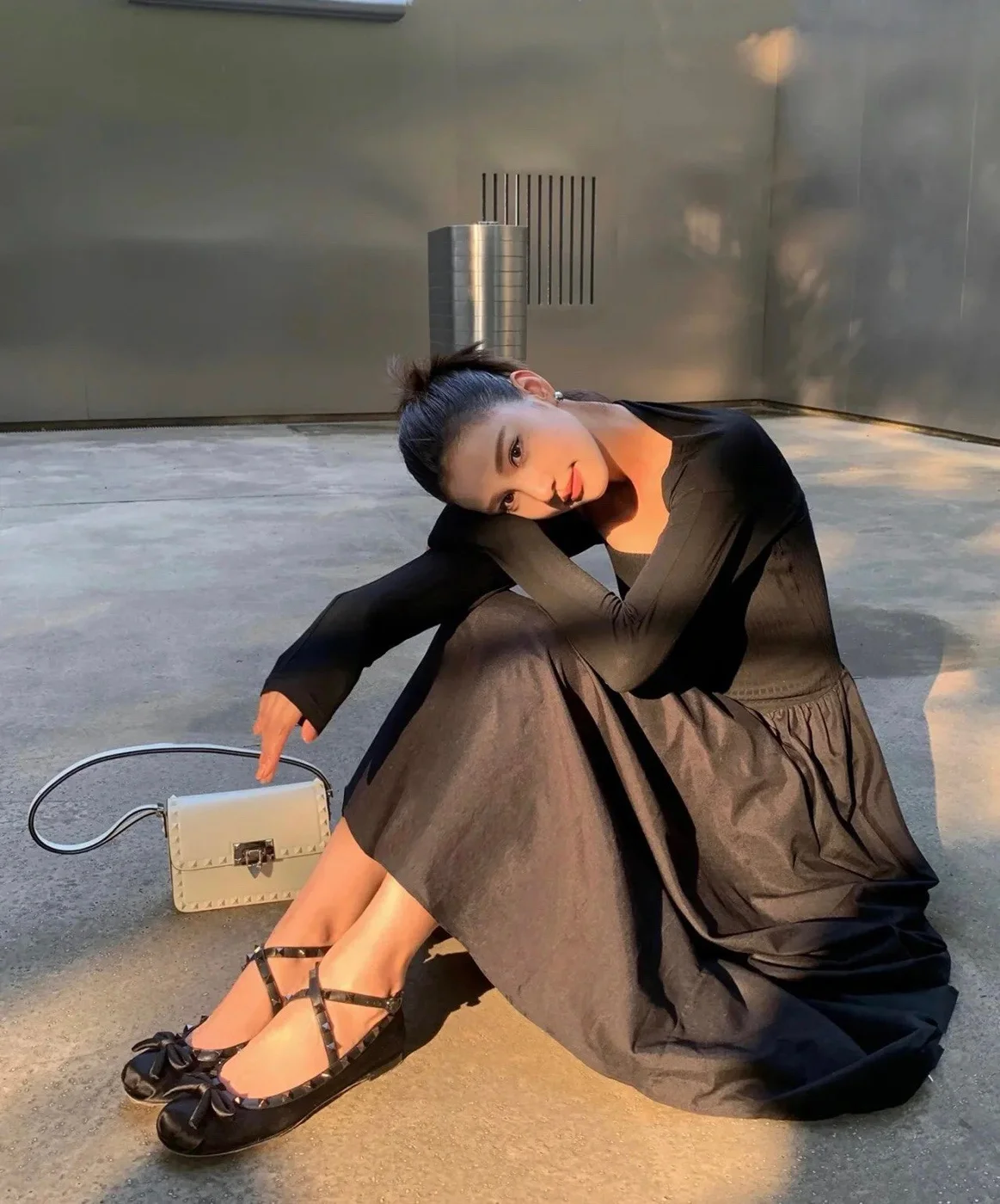 Valentino Women Black Satin Studded Flats product view 2