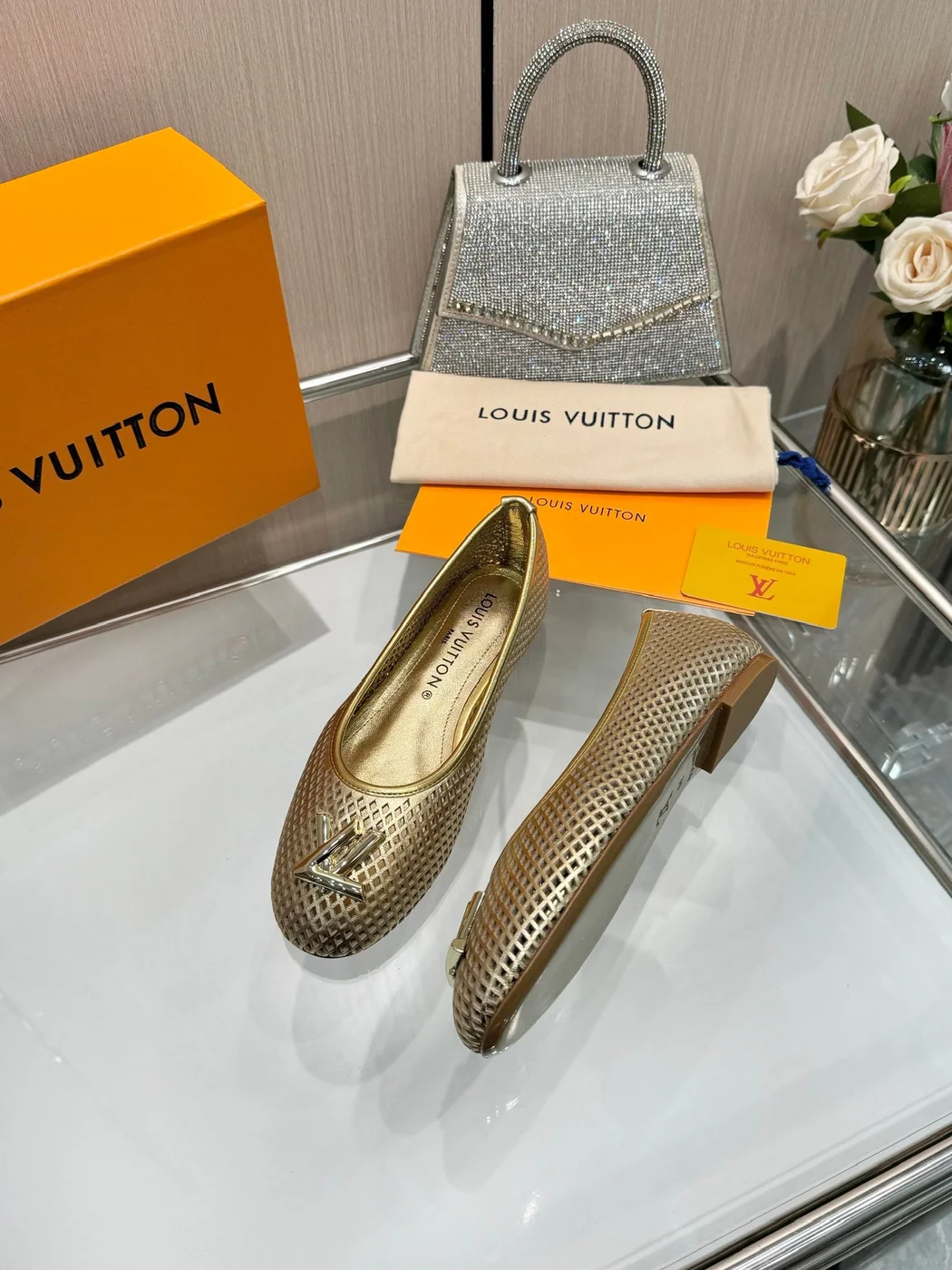 Louis Vuitton Women Gold Metallic Mesh Ballet Flats product view 2