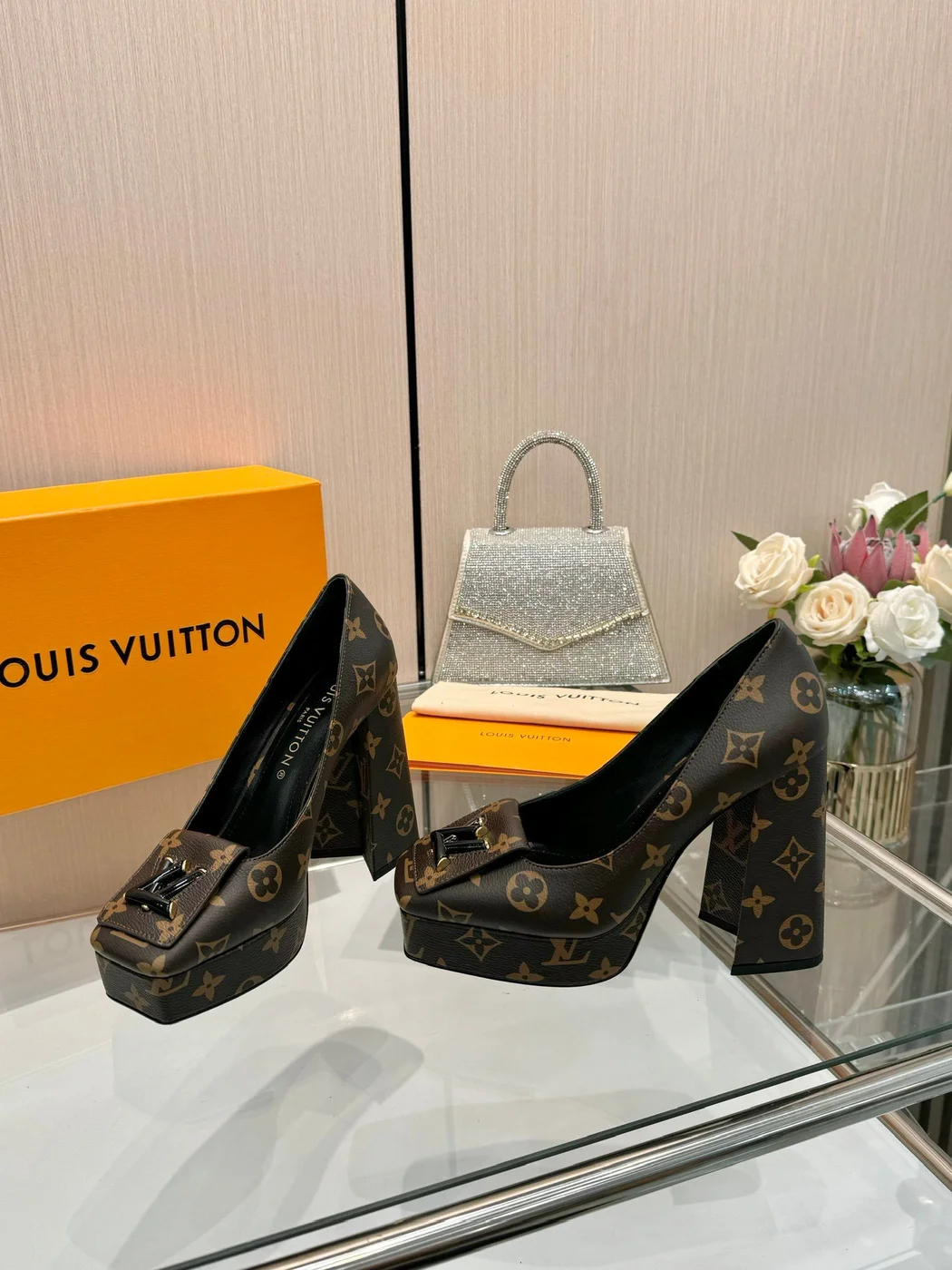 Louis Vuitton Women Brown Leather Platform Heels product view 4