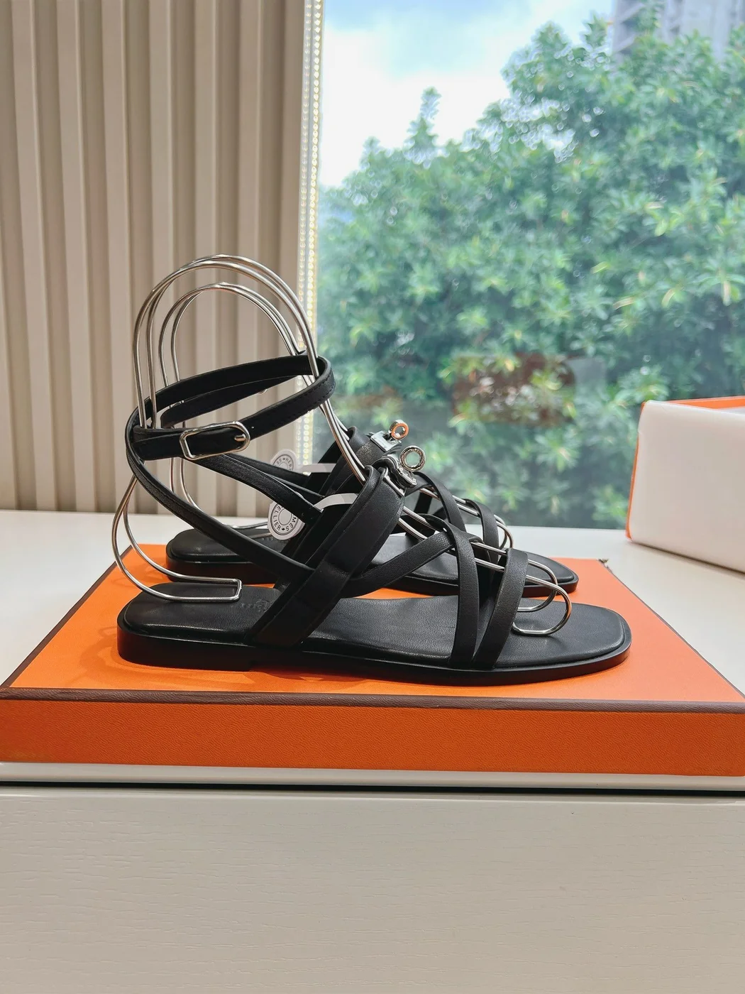 Hermès Women Black Leather Strappy Sandals product view 2