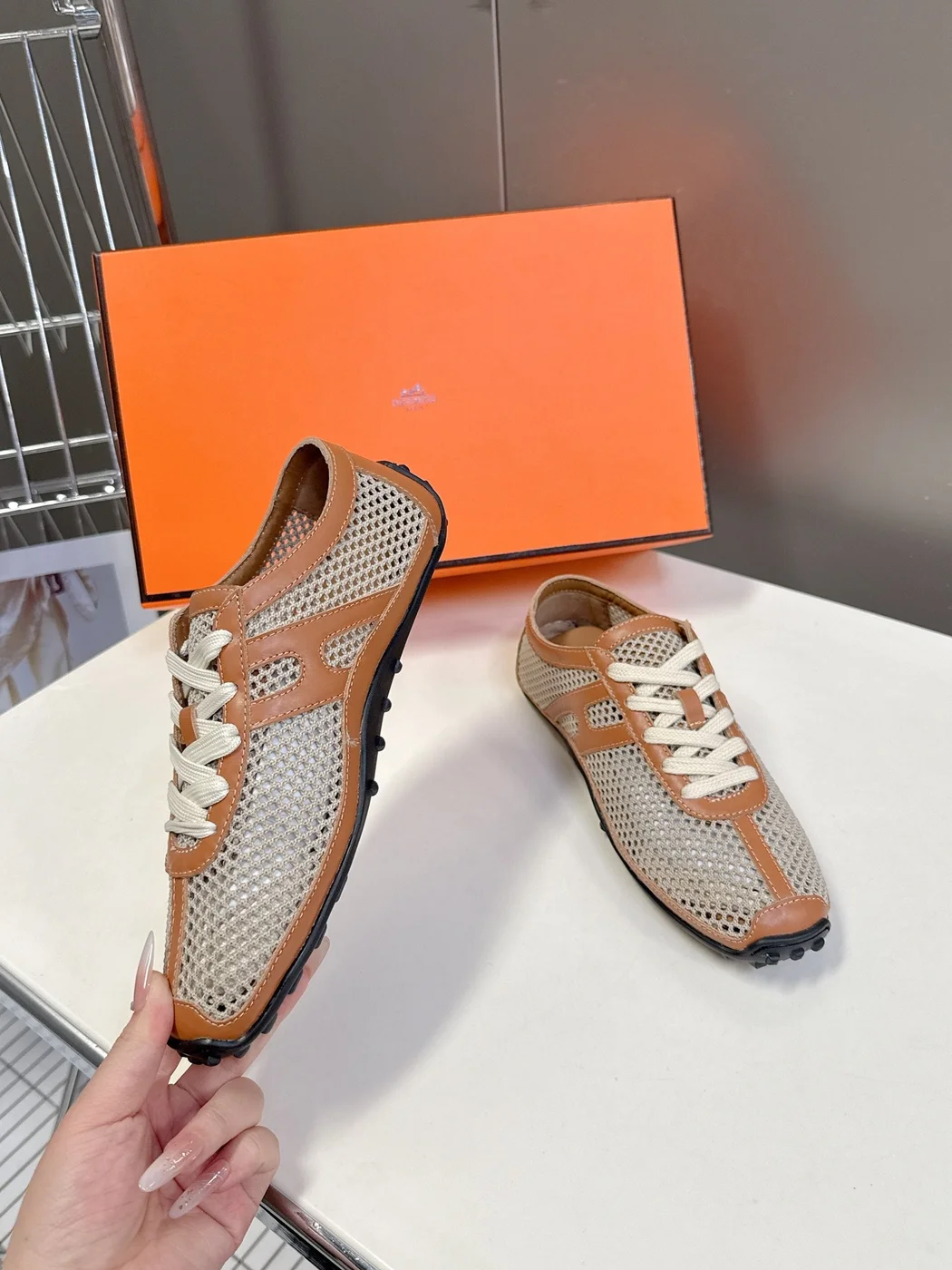 Hermès Women Beige Mesh And Tan Leather Sneakers product view 5