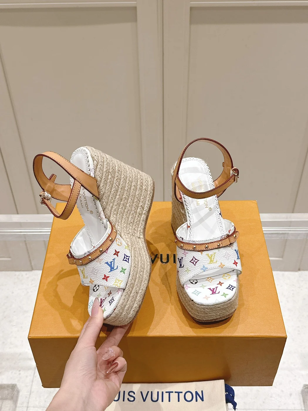 Louis Vuitton Women White Leather Multicolor Print Wedge Sandals product view 4