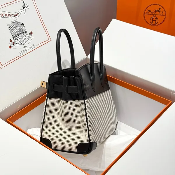 Hermès Birkin 30 cm In Black Swift White Black Plaid Toile Canvas Bag product view 3