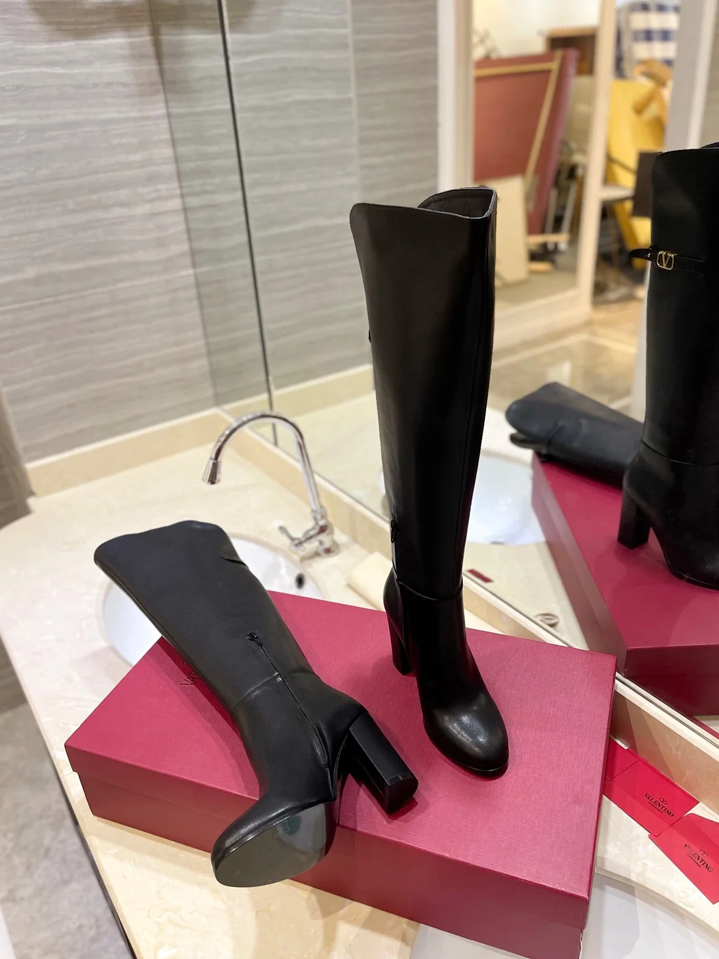 Valentino Women Black Leather High Heel Boots product view 2