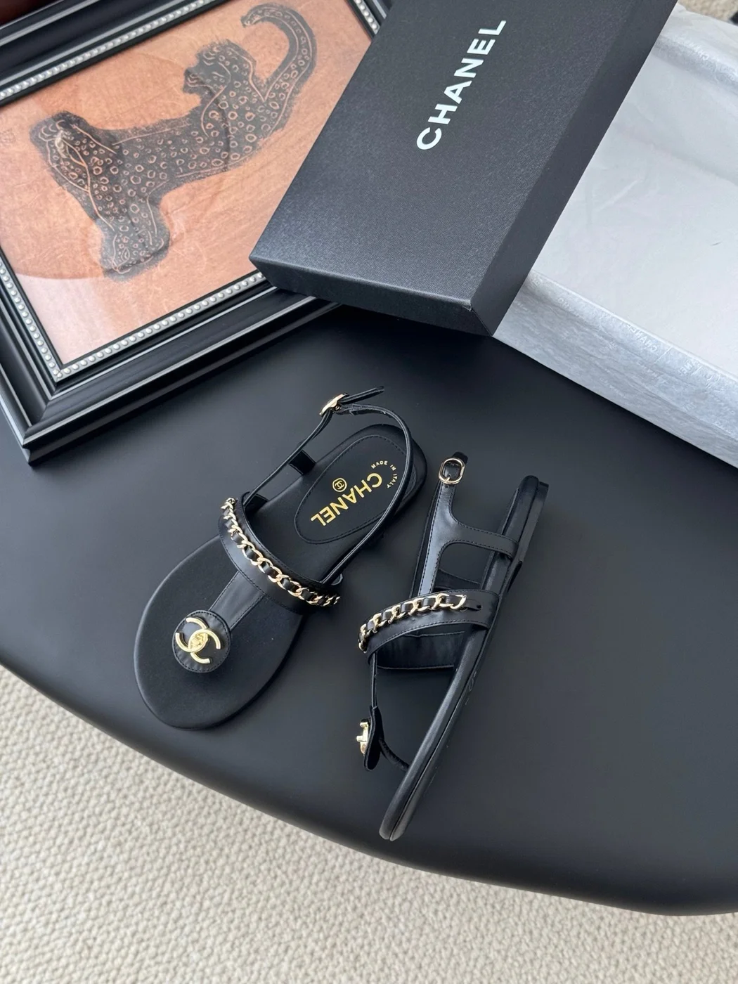 Chanel Women Black Leather Chain Detail Sandals product view 3