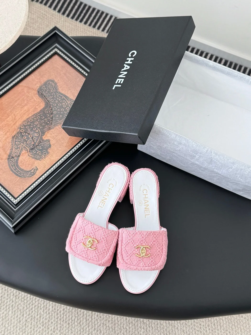 Chanel Women Pink Tweed Slides product view 1