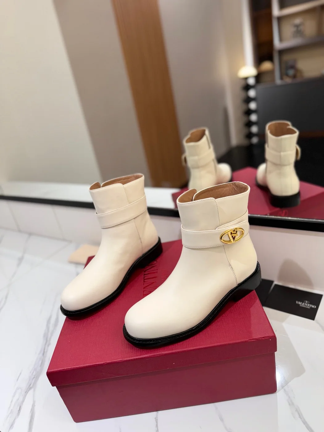 Valentino Women Ivory Leather Ankle Boots product view 3