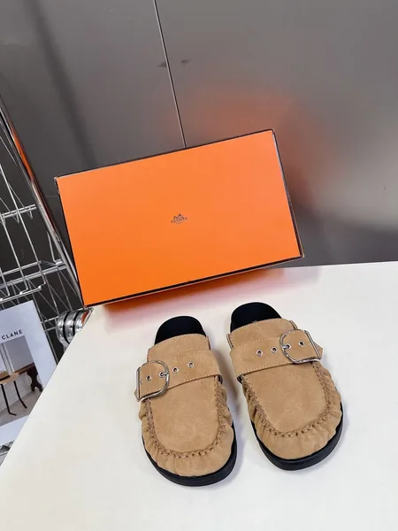 Hermès Women Beige Suede Buckle Mules product view 1