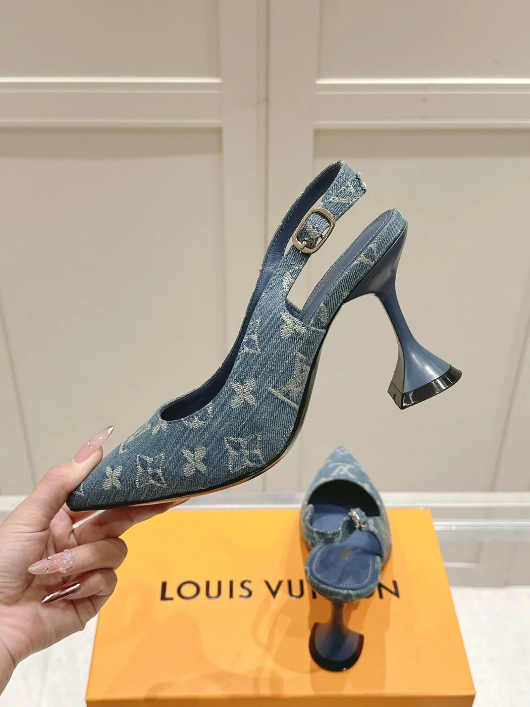Louis Vuitton Women Blue Denim Leather Trim Slingback Heels product view 6