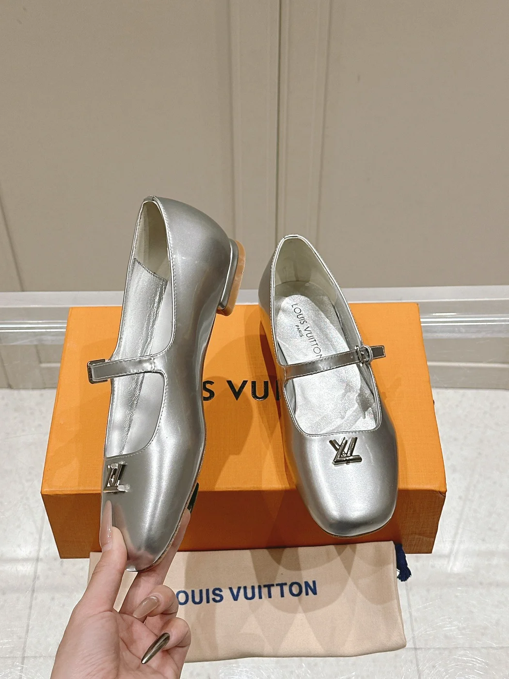 Louis Vuitton Women Silver Leather Mary Jane Flats product view 4