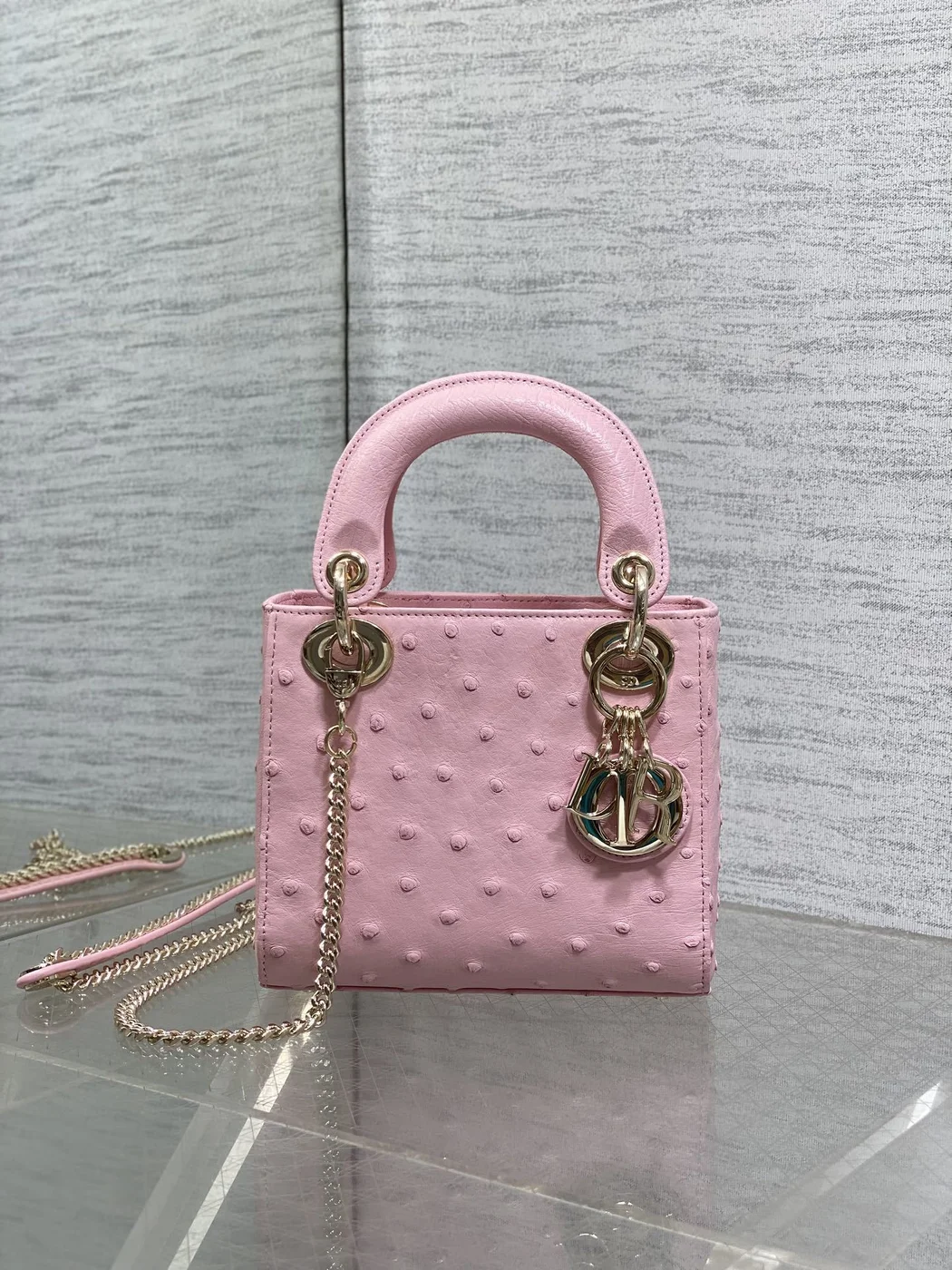 Dior Mini Lady Dior bag in Pink ostrich leather