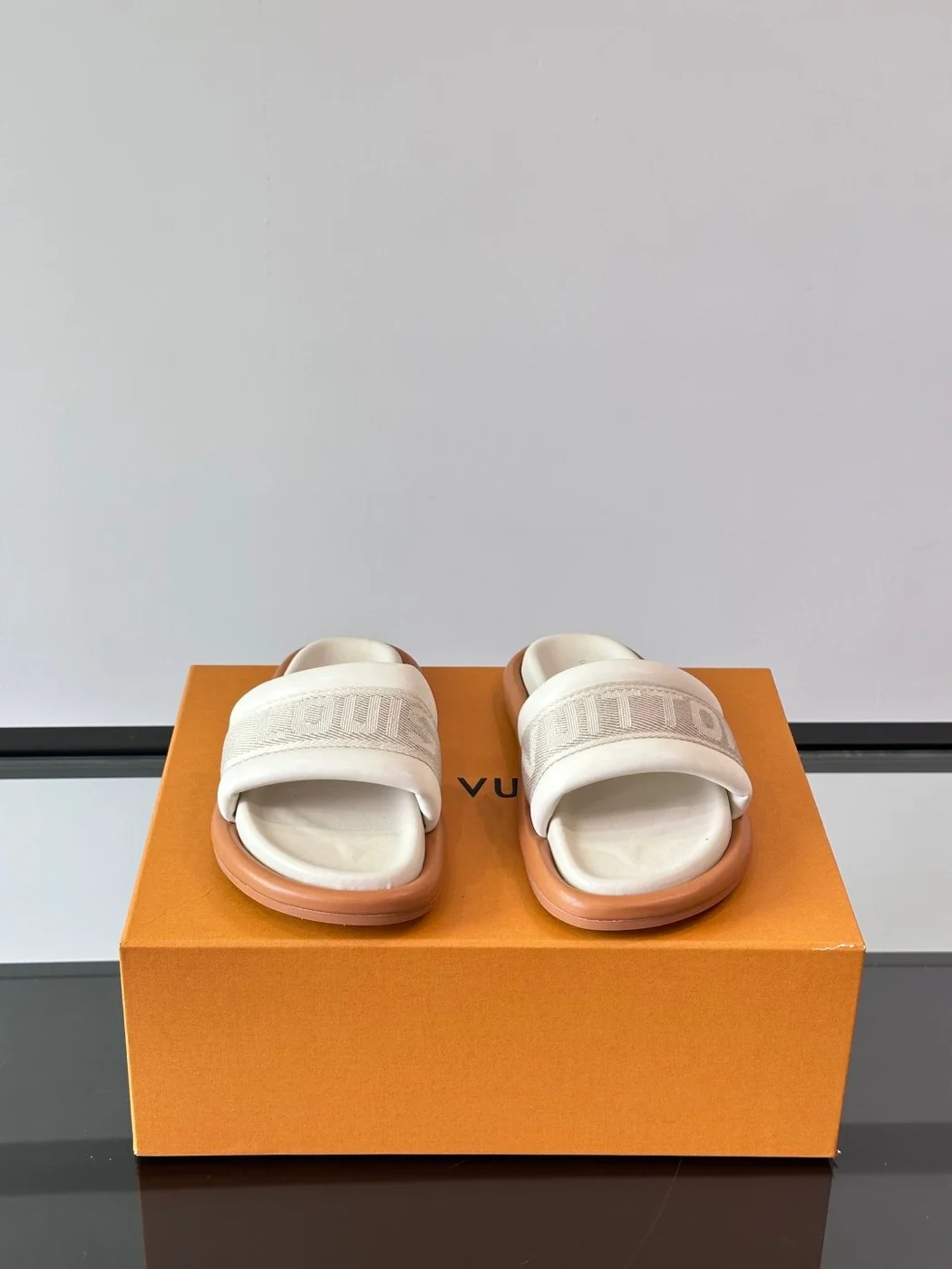 Louis Vuitton Men Beige Fabric Slides With Brown Sole product view 2
