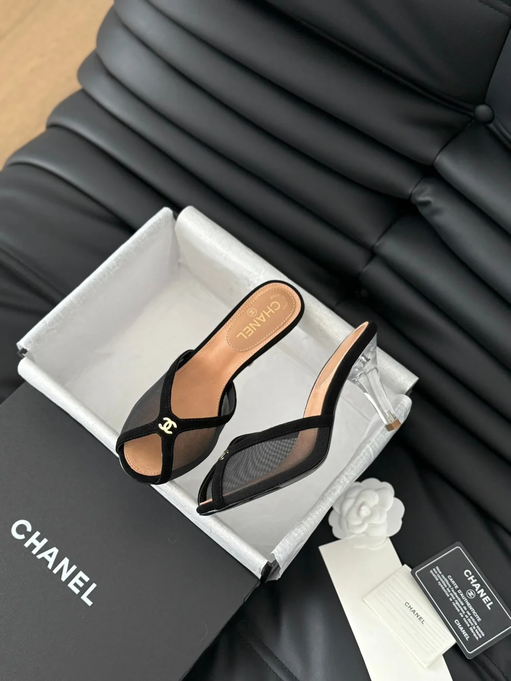 Chanel Women Black Mesh Logo Slide Sandals product view 5