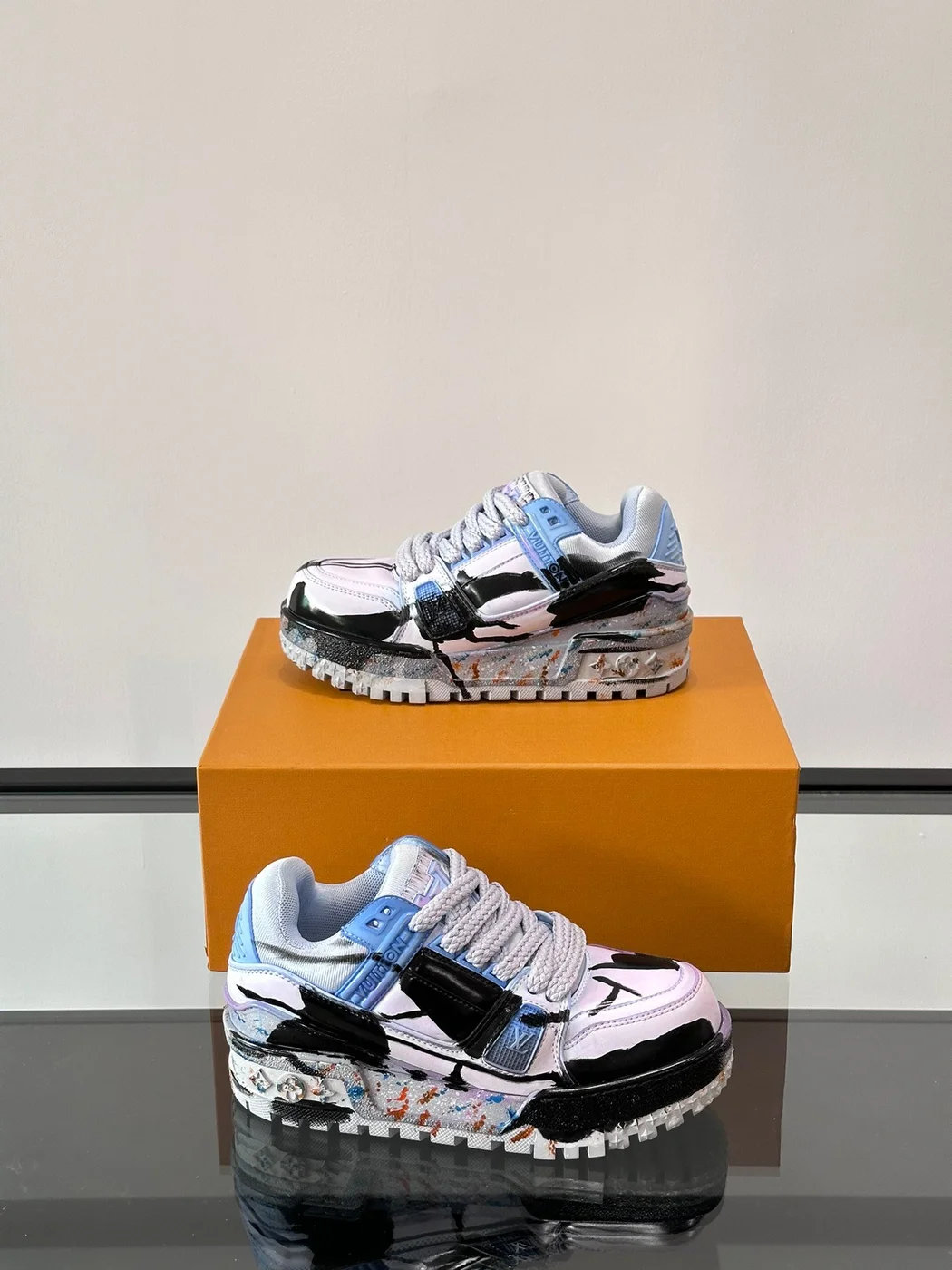 Louis Vuitton Men Black White Blue Leather Sneakers product view 4