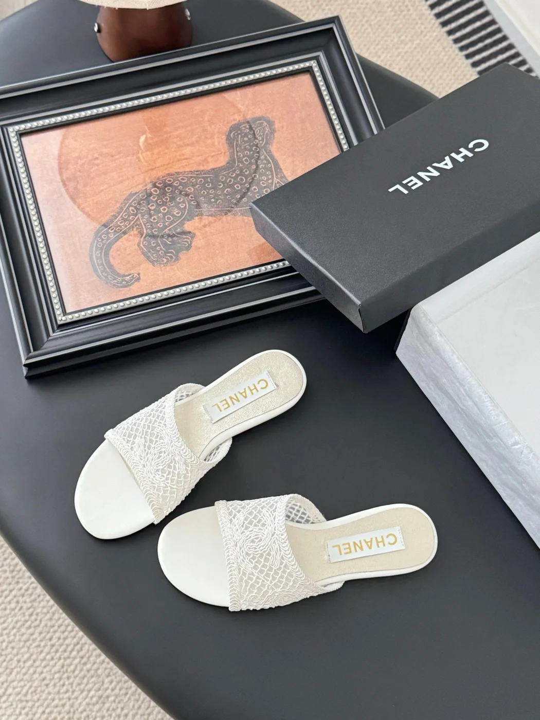 Chanel Women White Lace Mesh Slides product view 6