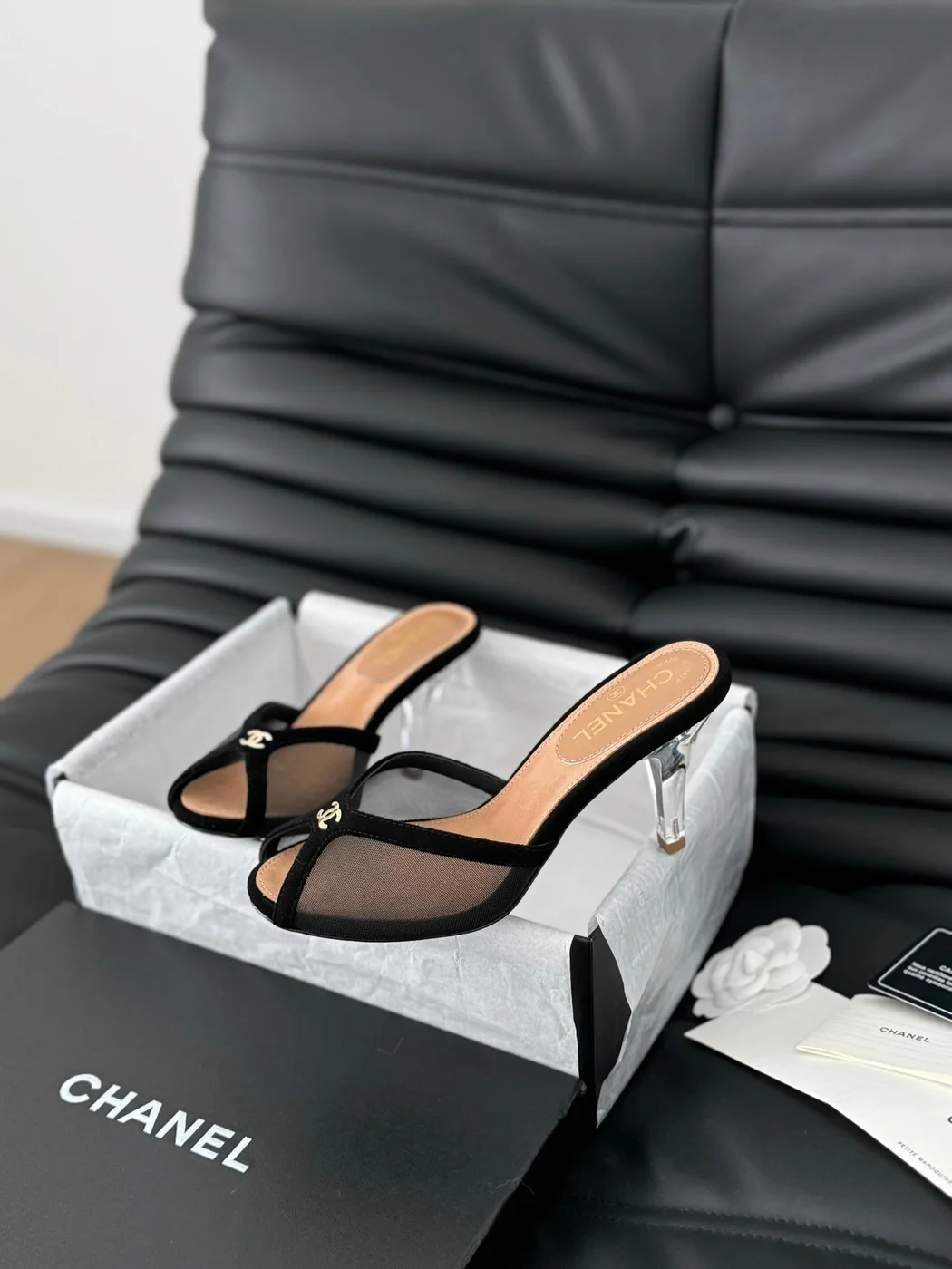 Chanel Women Black Mesh Logo Slide Sandals product view 3