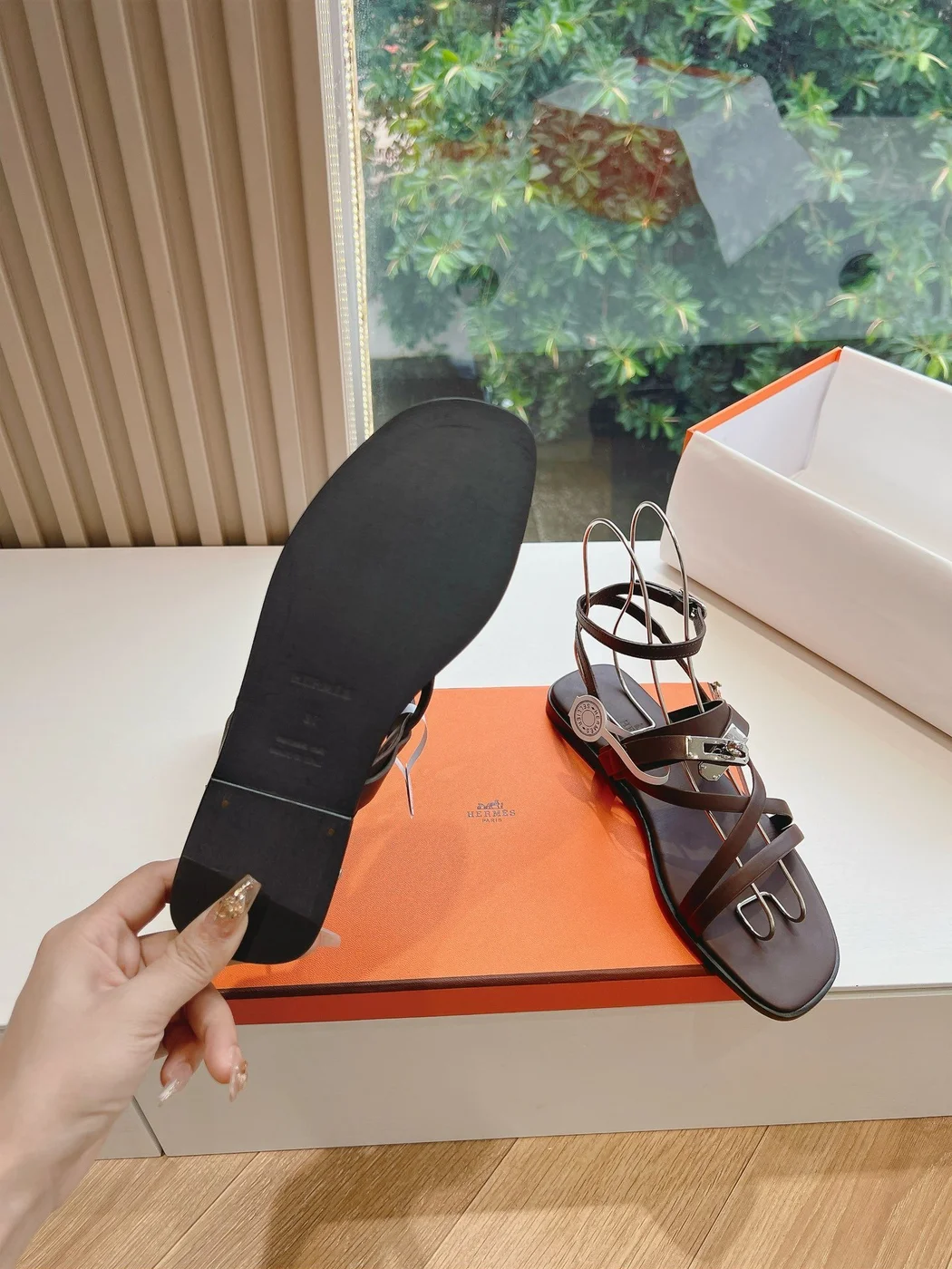 Hermès Women Dark Brown Leather Strappy Sandals product view 2