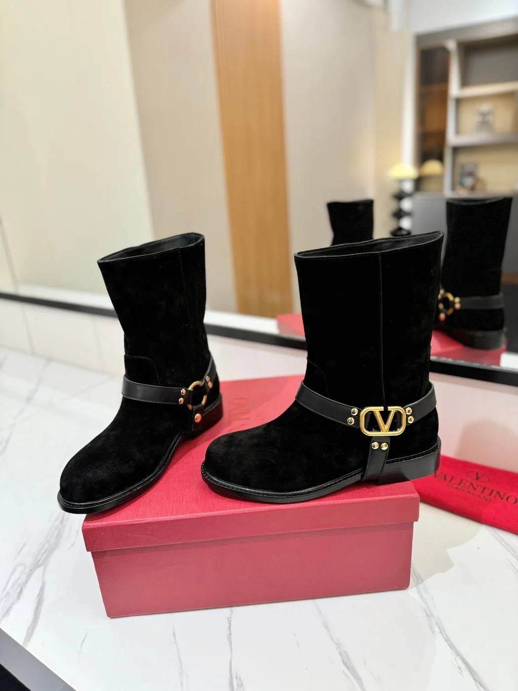 Valentino Women Black Suede Leather Strap Boots product view 6
