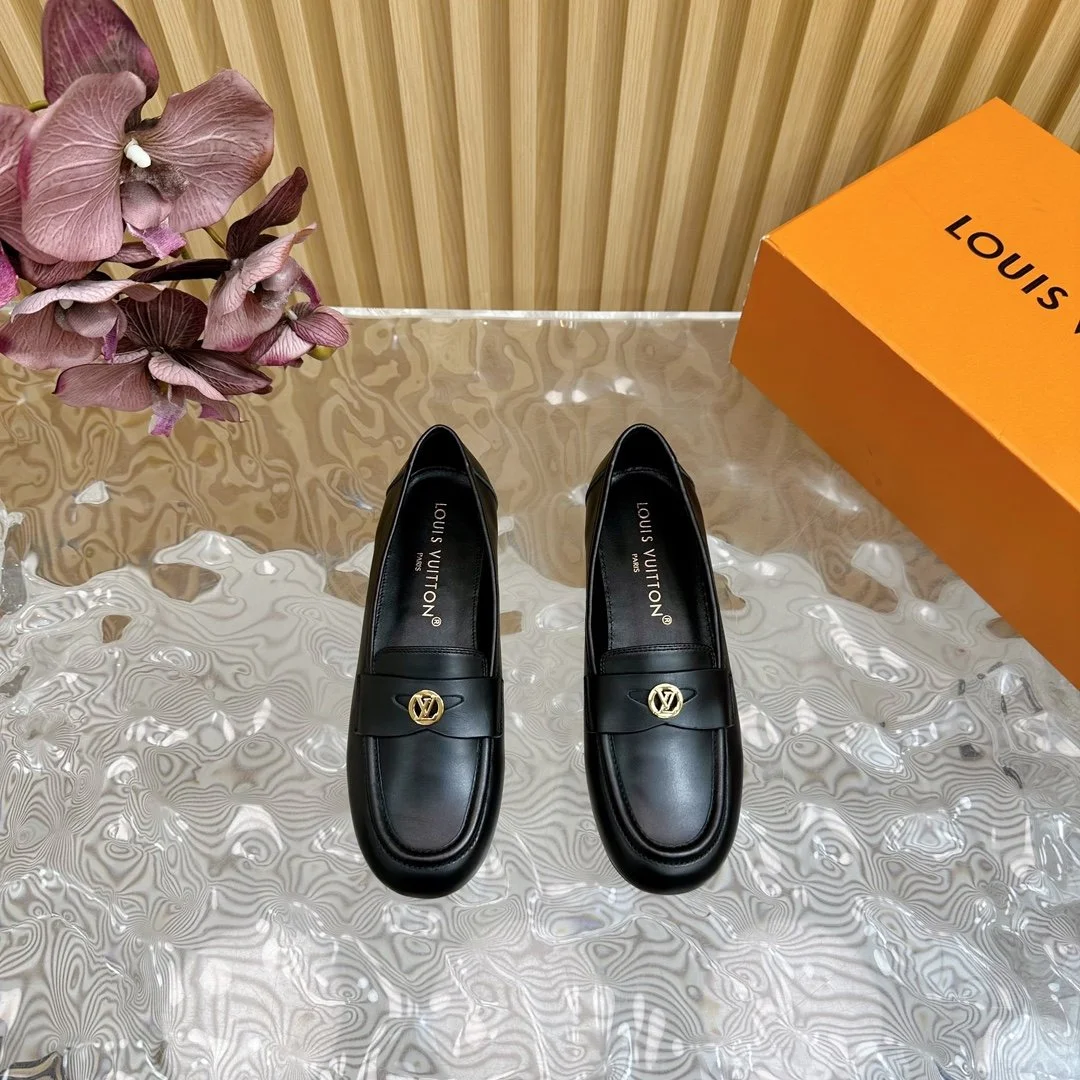 Louis Vuitton Women Black Leather Loafers — Metal Logo Detail product view 1