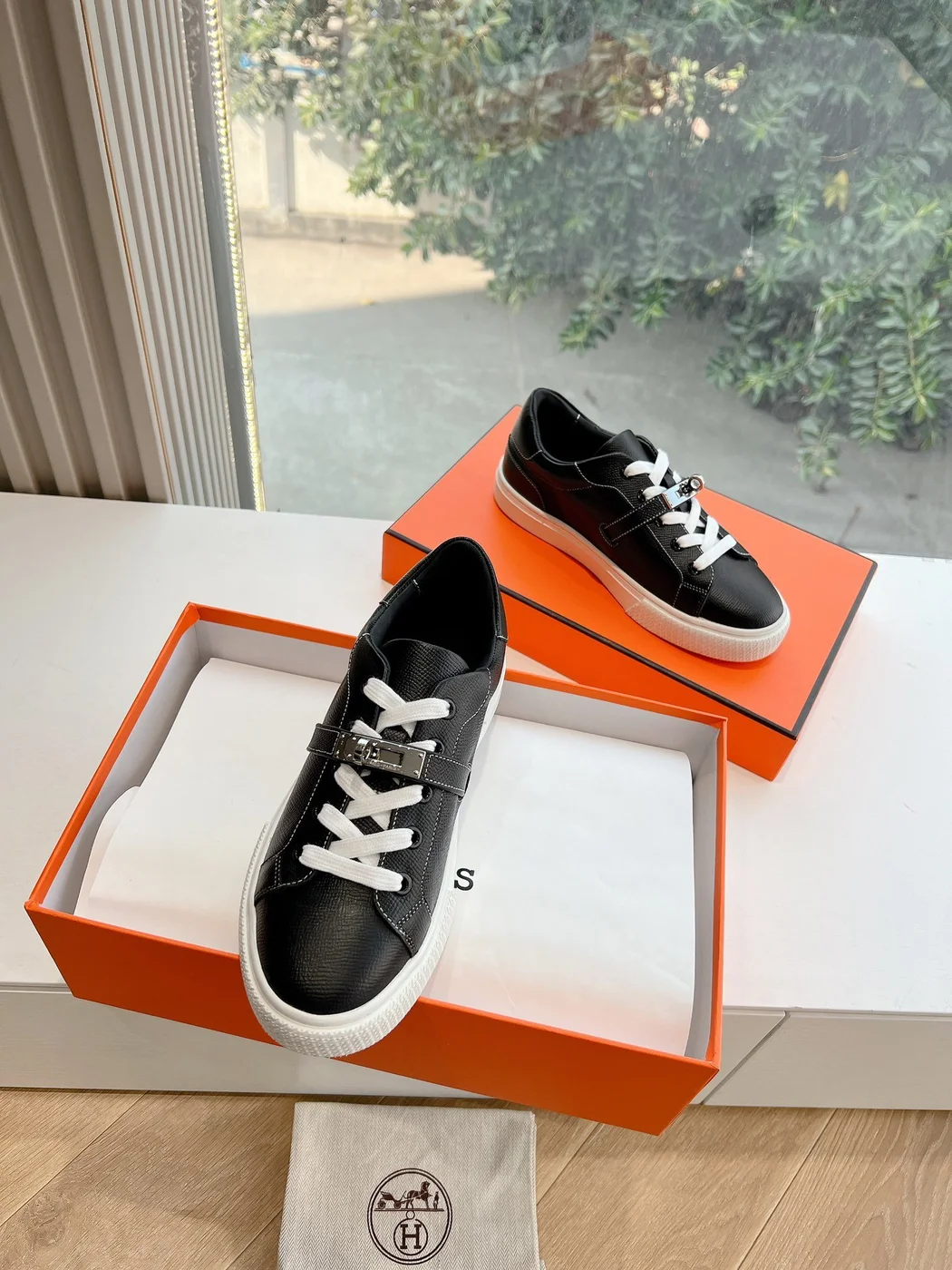 Hermès Women Black Leather Sneakers With Buckle Strap product view 5