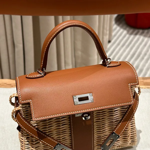 Hermès Kelly Picnic Handbag In Brown  Natural Leather And Wicker Silver Hardware product view 5