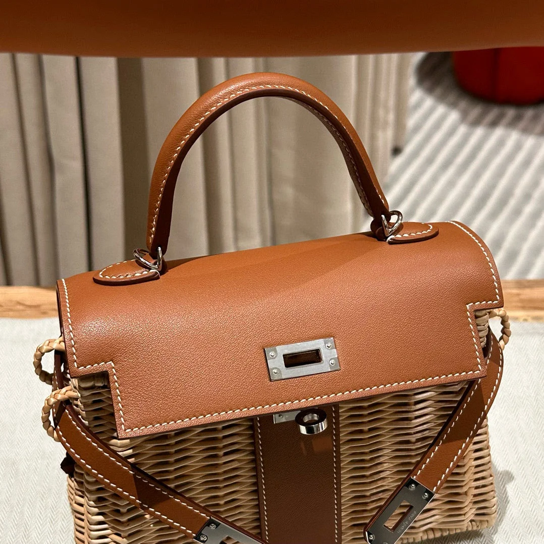 Hermès Kelly Picnic Handbag In Brown  Natural Leather And Wicker Silver Hardware product view 5