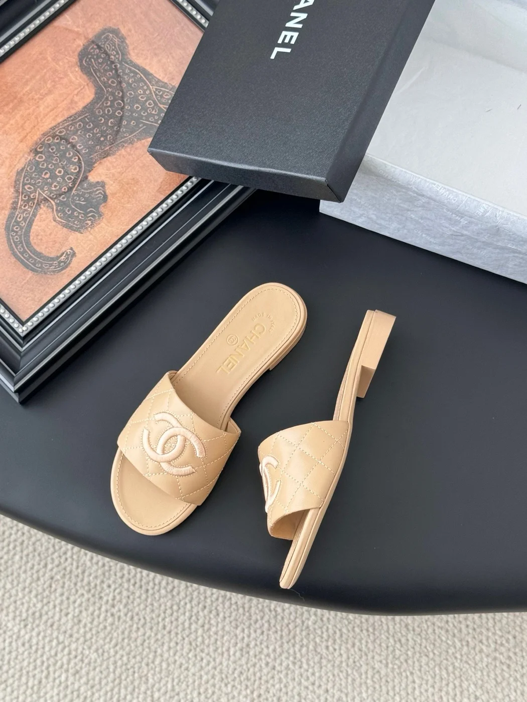 Chanel Women Beige Quilted Leather Slides product view 3