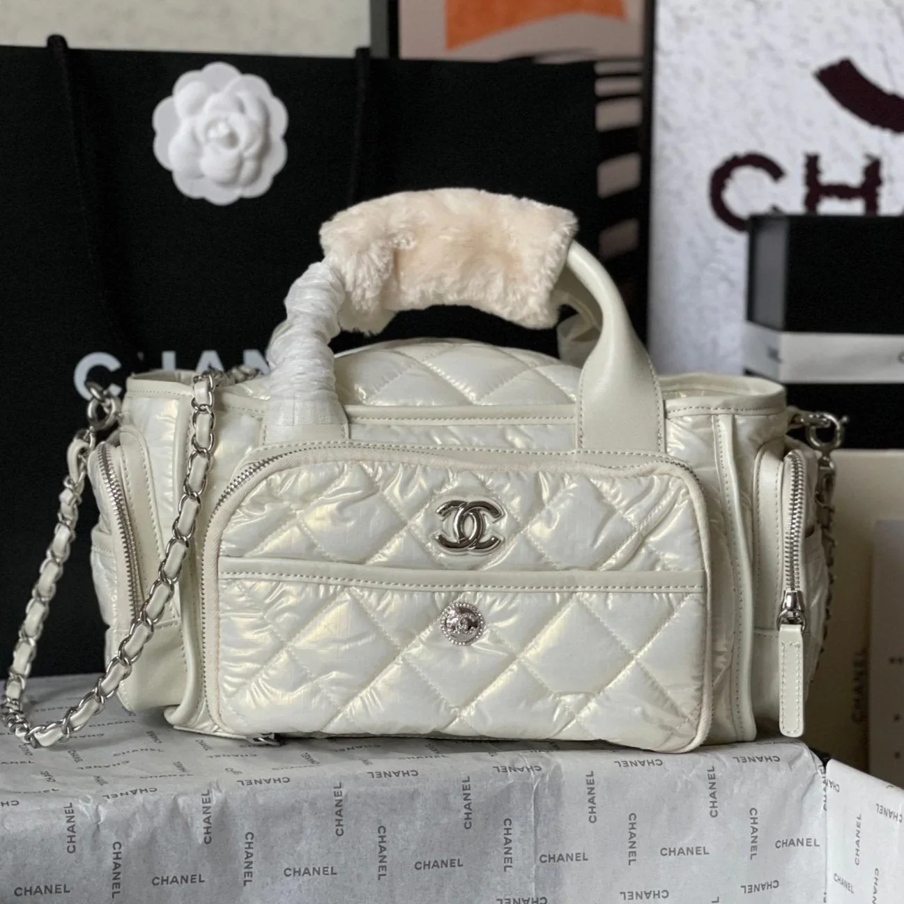 Chanel Cc Large 35 Bowling Bag In White Calfskin product view 1