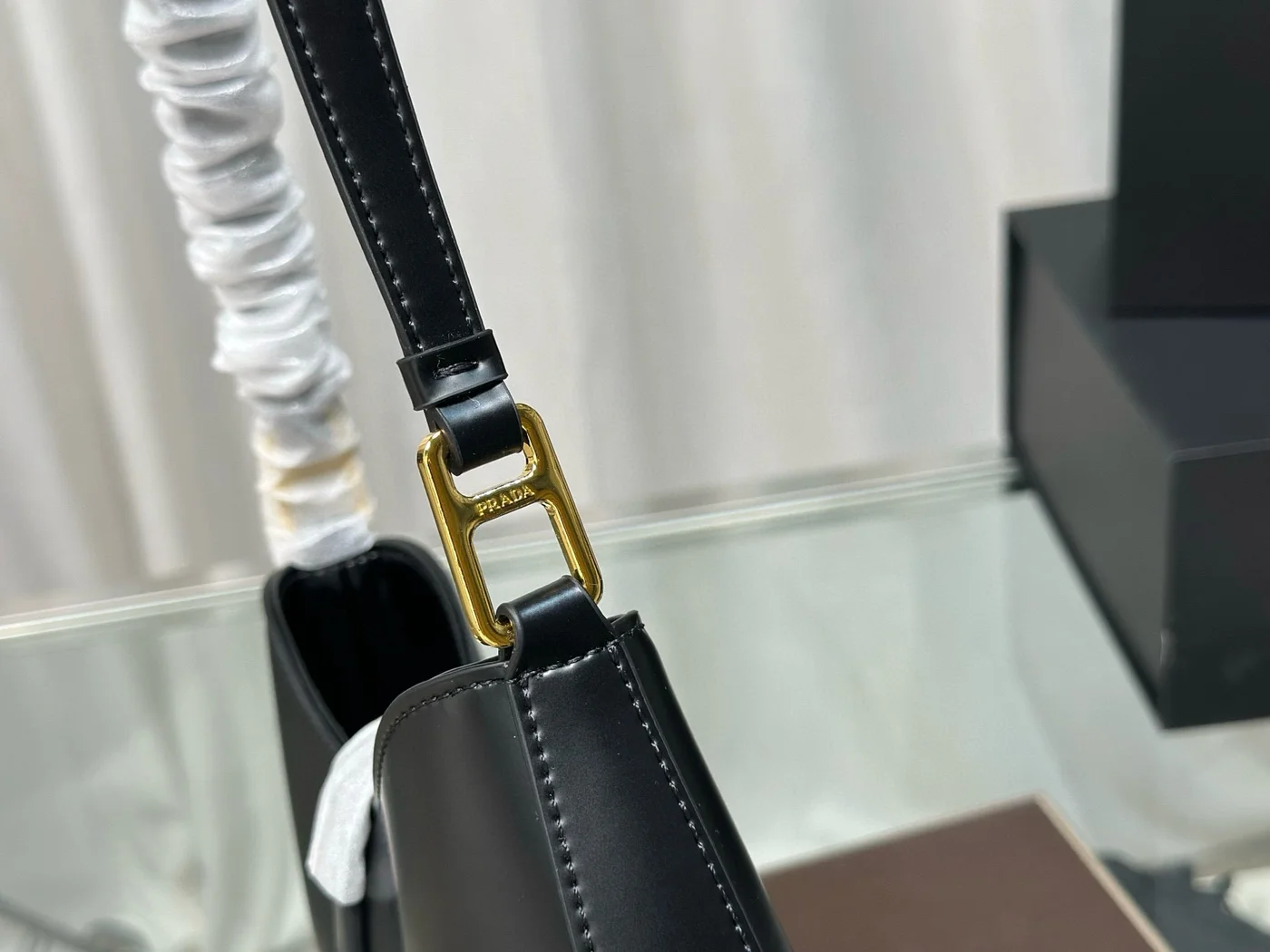 Prada Cleo Shoulder Bag 26 In Black Brushed Lambskin Gold Hardware product view 3