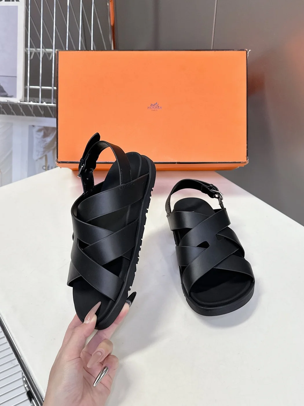 Hermès Women Black Leather Strappy Sandals product view 5