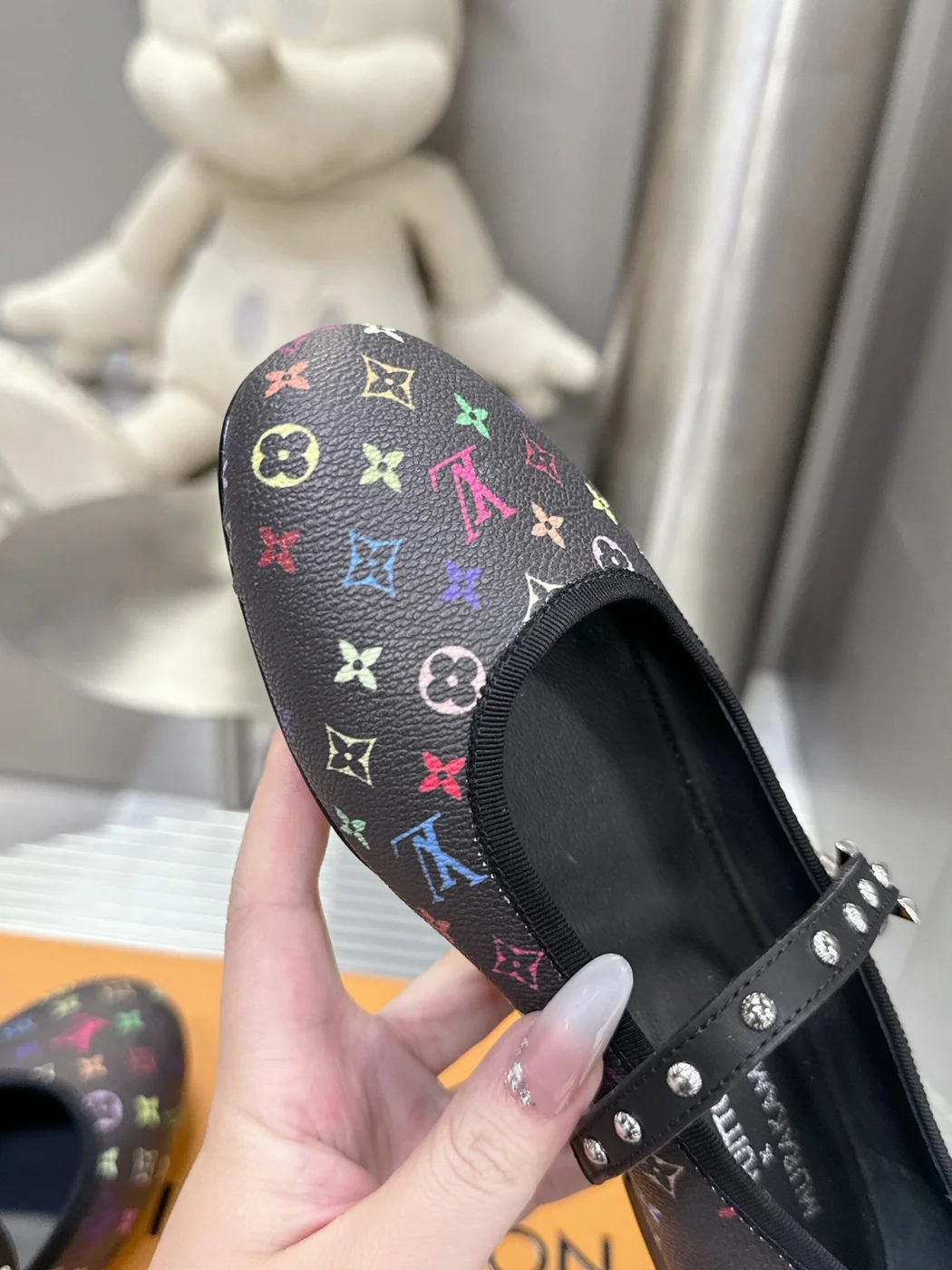Louis Vuitton Women Black Leather Multicolor Monogram Mary Jane Flats product view 2