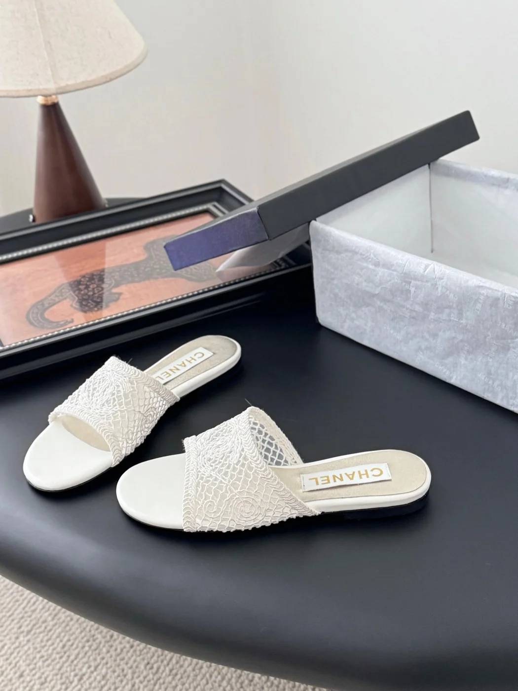 Chanel Women White Lace Mesh Slides product view 2