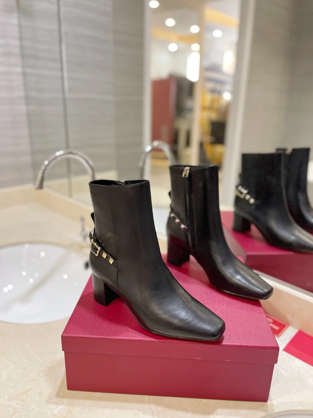 Valentino Women Black Leather Studded Ankle Boots product view 1