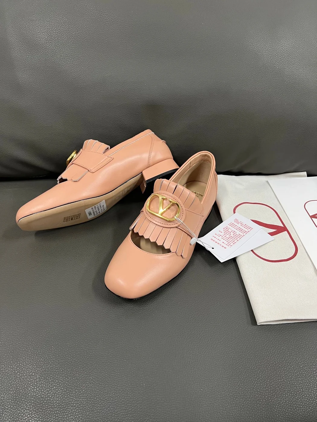 Valentino Women Peach Pink Leather Fringe Loafers product view 5