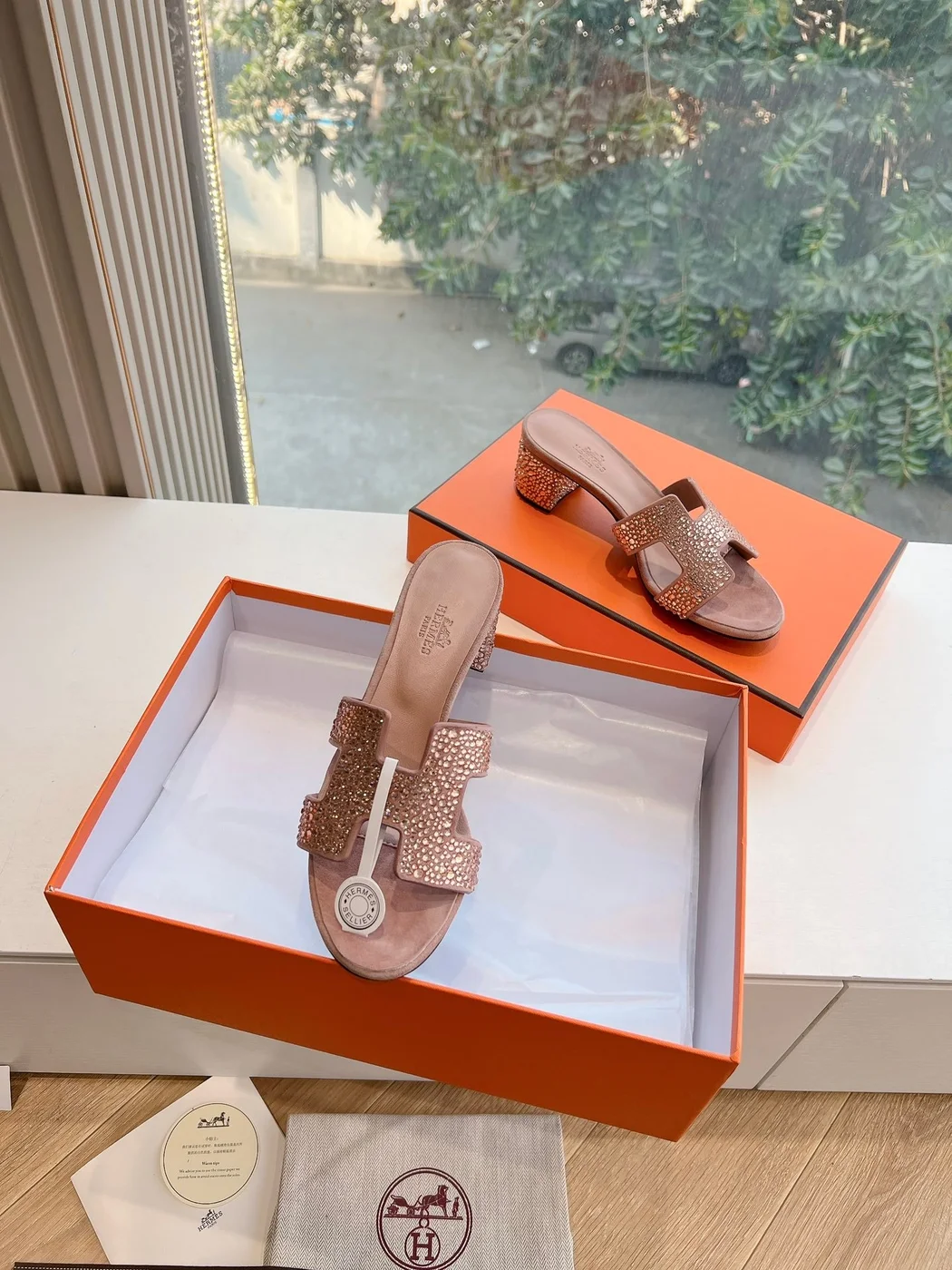 Hermès Women Pink Suede Crystal-Embellished Mules product view 4
