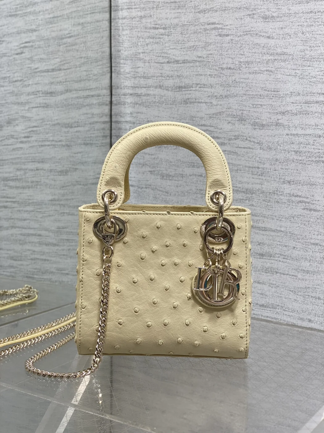 Dior Mini Lady Dior bag in Beige ostrich leather product view 2