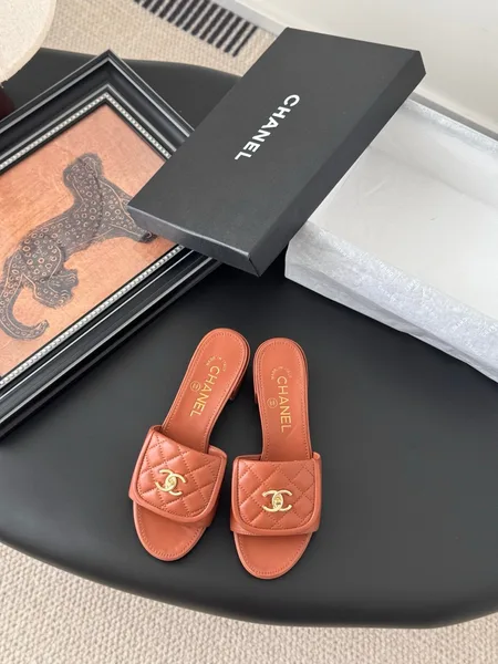 Chanel Women Brown Quilted Leather Slides product view 1