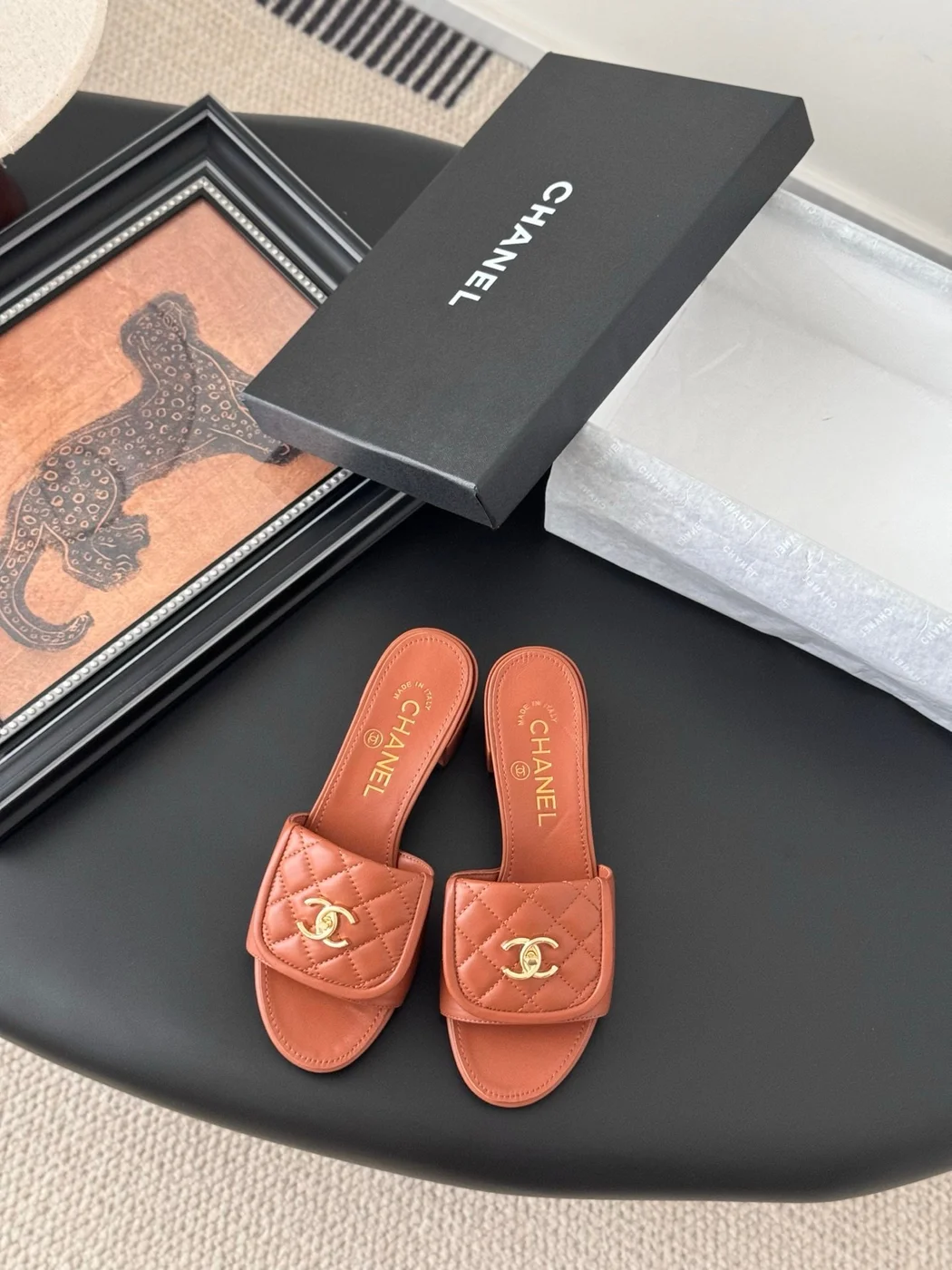 Chanel Women Brown Quilted Leather Slides product view 1
