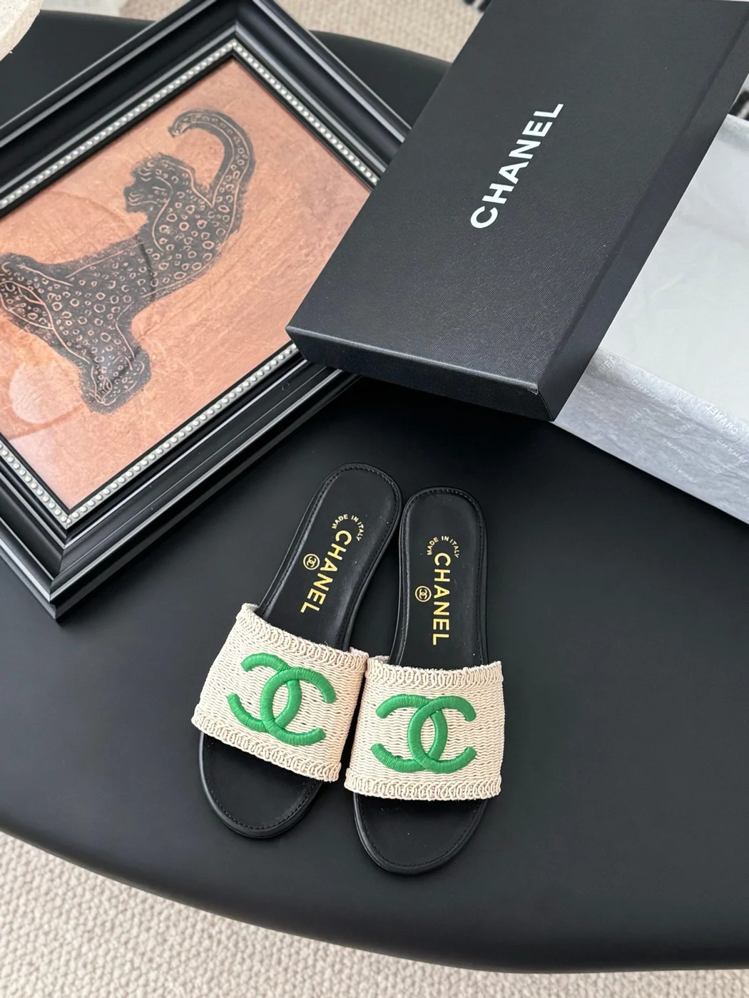 Chanel Women Beige Fabric Green Logo Slides product view 1