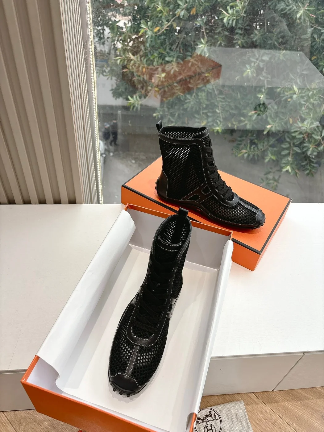 Hermès Women Black Mesh And Leather Boots product view 4
