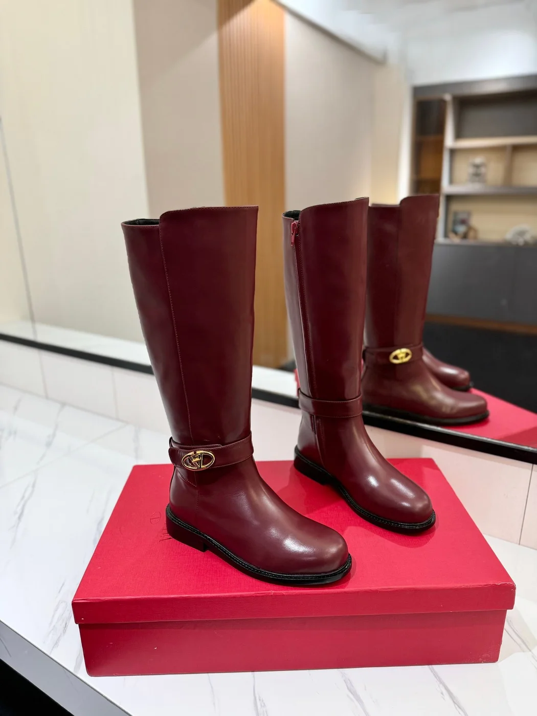 Valentino Women Burgundy Leather Knee High Boots product view 1