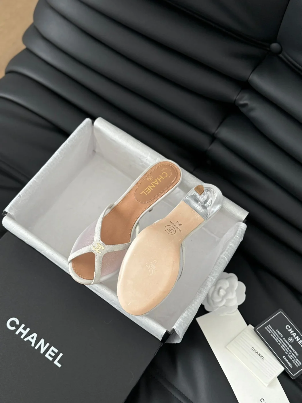 Chanel Women Beige Mesh And Leather Mules product view 6