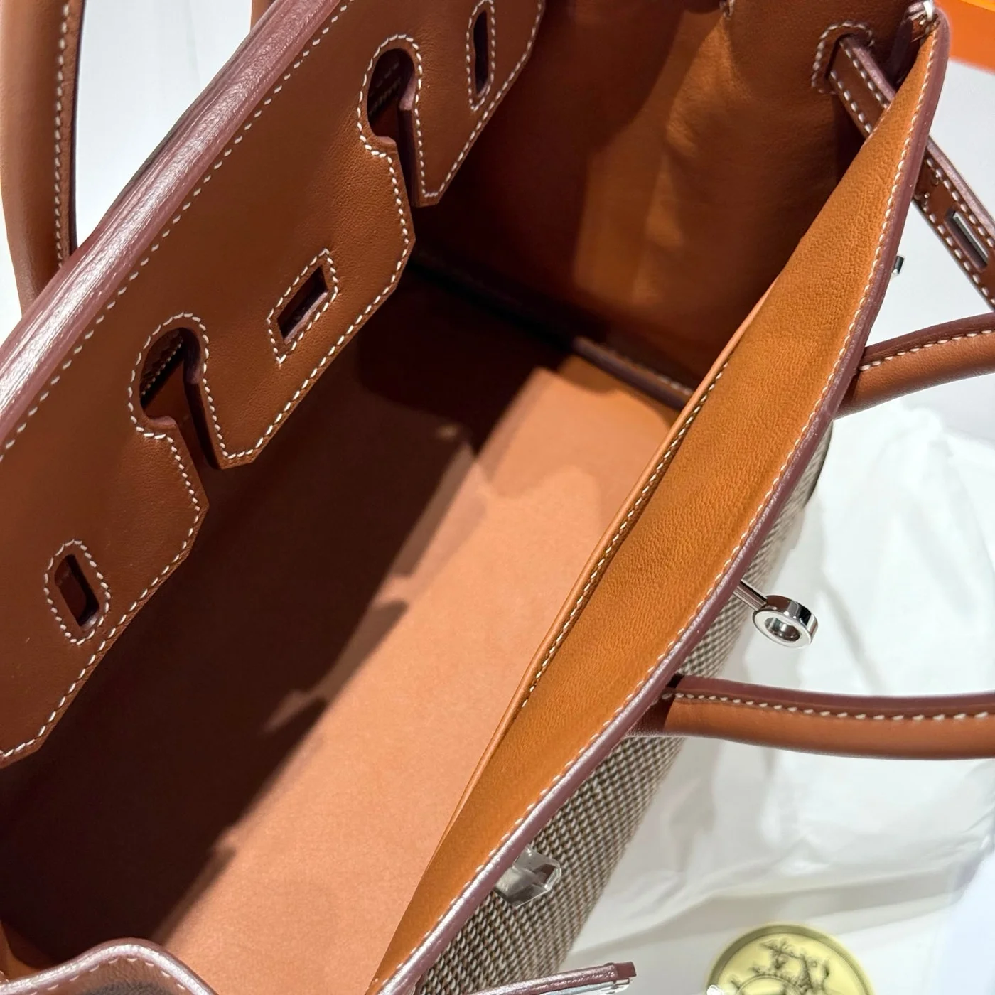 Hermès Birkin 25 cm In Gold Swift And Black/White/Brown Toile Canvas Bag product view 7